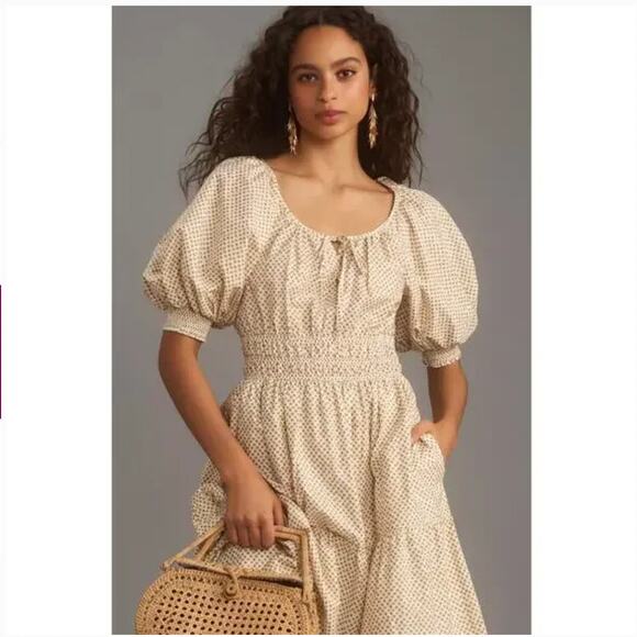 Anthropologie The Somerset Maxi Dress Puff-Sleeve Edition Tan Brown Size Large - Picture 2 of 12